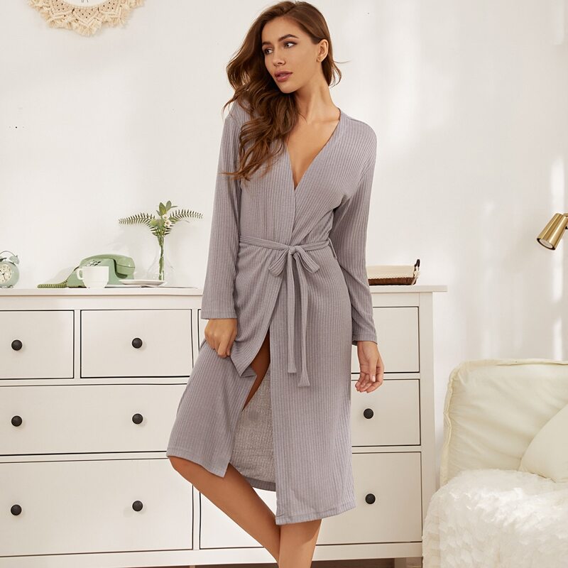 

Rib Knit Self Belted Lounge Robe, Light grey