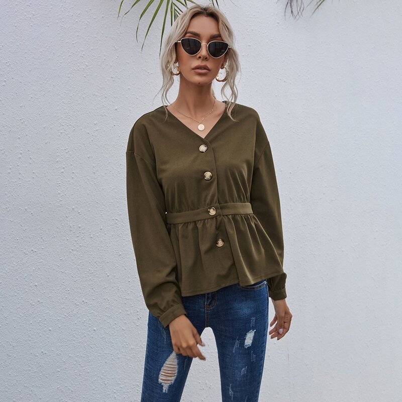 

Button Front Solid Peplum Top, Olive green