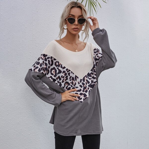 

Leopard Colorblock Waffle Knit Tee, Multicolor