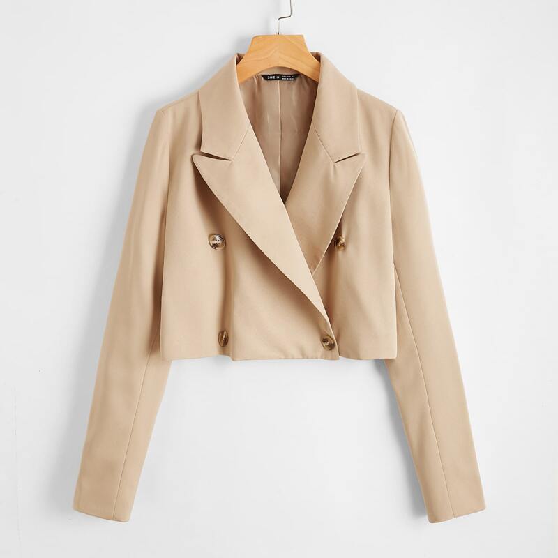 

Solid Lapel Neck Double Breasted Crop Jacket, Khaki