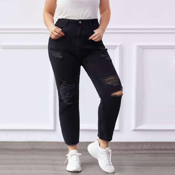 

Plus High Waist Ripped Raw Hem Jeans, Black
