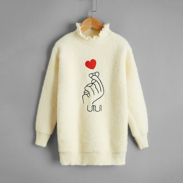 

Girls Hand And Heart Embroidery Stand Collar Sweater, Beige