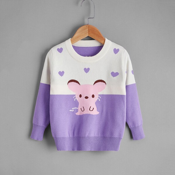 

Toddler Girls Color Block And Cartoon Pattern Sweater, Multicolor