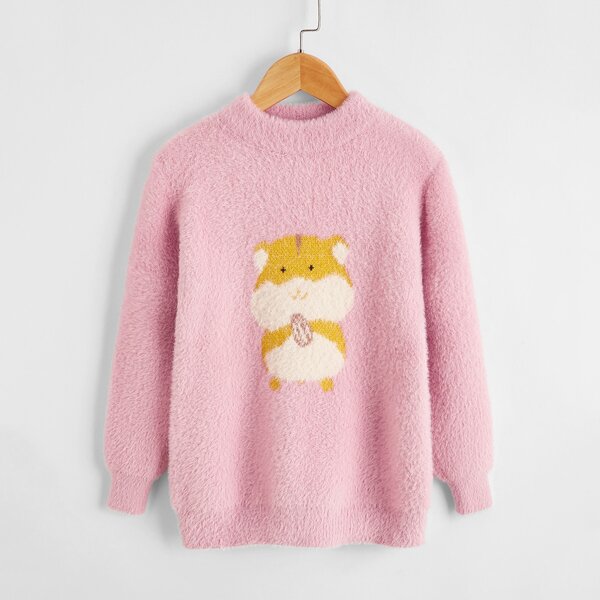 

Girls Cartoon Squirrel Pattern Sweater, Baby pink