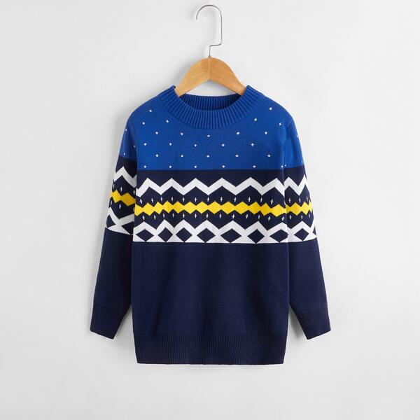 

Boys Color Block And Chevron Pattern Mock Neck Sweater, Blue