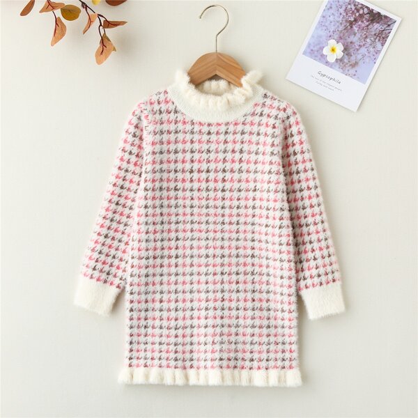 

Girls Houndstooth Pattern Frill Trim Sweater Dress, Multicolor