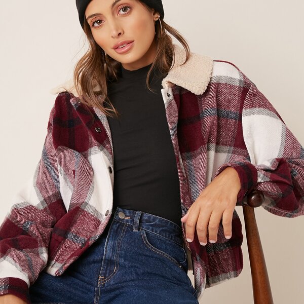 

Contrast Teddy Collar Plaid Jacket, Red and white