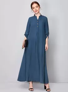 SHEIN Vestido con manga de solapa enrollada y botones delanteros - Azul Marino - Ver 1