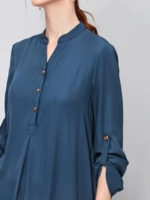 SHEIN Vestido con manga de solapa enrollada y botones delanteros - Azul Marino - Ver 3