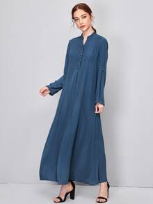 SHEIN Vestido con manga de solapa enrollada y botones delanteros - Azul Marino - Ver 4