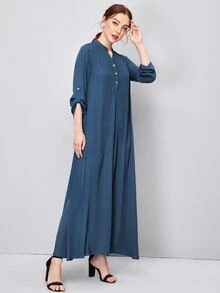 SHEIN Vestido con manga de solapa enrollada y botones delanteros - Azul Marino - Ver 5