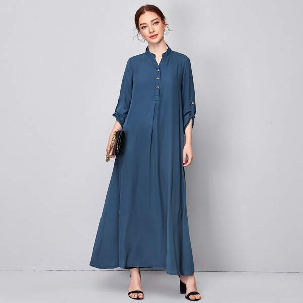 

Rolled Tab Sleeve Button Front Maxi Dress, Navy blue