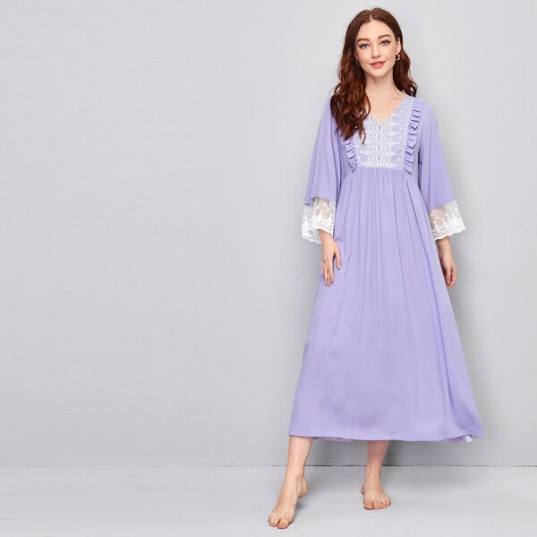 

Frill Trim Contrast Embroidered Mesh Nightdress, Lilac purple