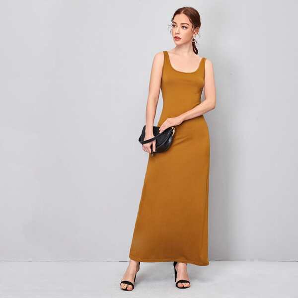 

Scoop Neck Solid Tank Dress, Brown