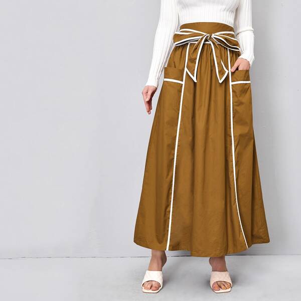

Contrast Binding Detail Belted Maxi Skirt, Brown