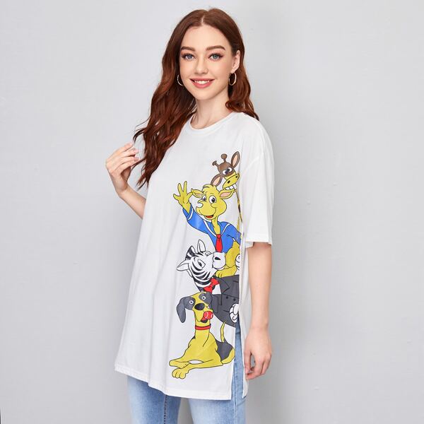 

Cartoon Graphic Drop Shoulder Split Hem Tee, White