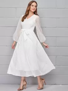 Mulvari V-neck Lantern Sleeve Sheer Mesh Overlay Dress With Belt - White - View 1