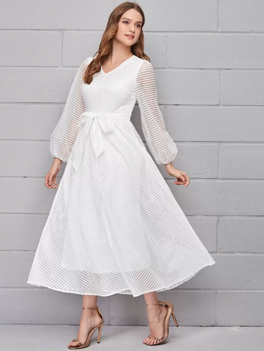 Mulvari V-neck Lantern Sleeve Sheer Mesh Overlay Dress With Belt - White - View 1