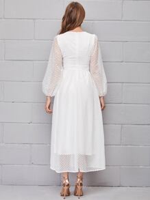 Mulvari V-neck Lantern Sleeve Sheer Mesh Overlay Dress With Belt - White - View 2