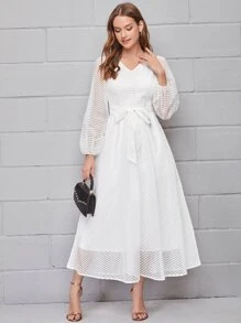 Mulvari V-neck Lantern Sleeve Sheer Mesh Overlay Dress With Belt - White - View 3