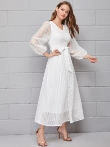 Mulvari V-neck Lantern Sleeve Sheer Mesh Overlay Dress With Belt - White - View 4