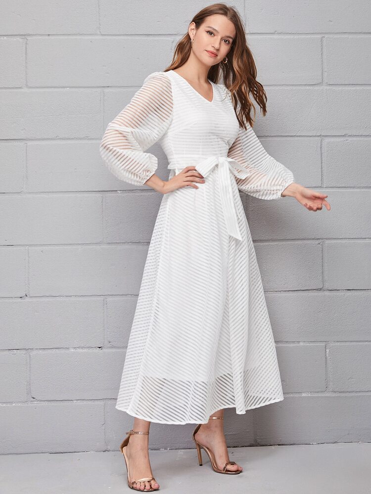 Mulvari V-neck Lantern Sleeve Sheer Mesh Overlay Dress With Belt - White - View 4