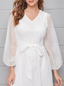 Mulvari V-neck Lantern Sleeve Sheer Mesh Overlay Dress With Belt - White - View 5