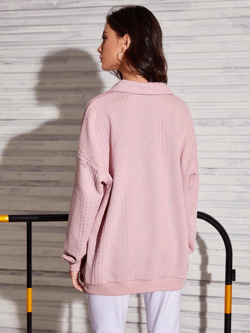 Drop Shoulder Cable Knit Half Button Placket Pullover