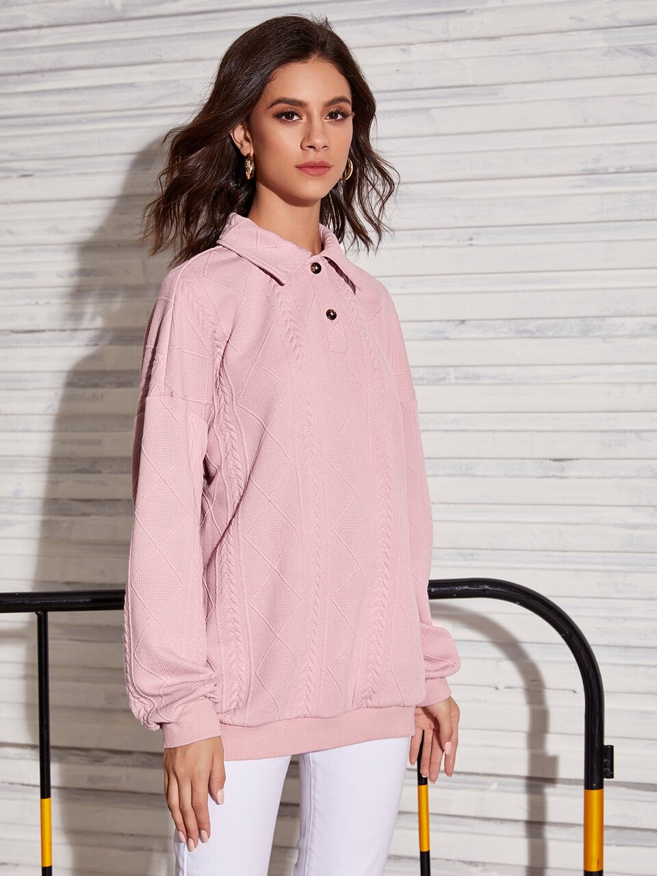 Drop Shoulder Cable Knit Half Button Placket Pullover