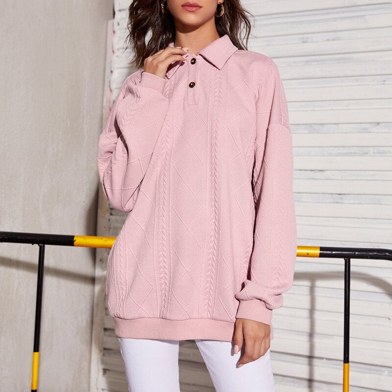 

Drop Shoulder Cable Knit Half Button Placket Pullover, Pastel baby pink