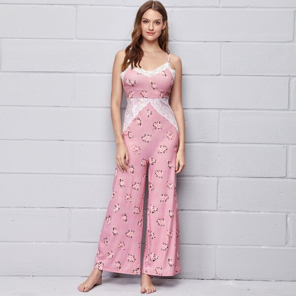 

Lace Trim Floral Print Cami Sleep Jumpsuit, Dusty pink