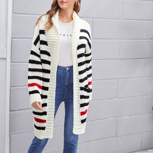 

Drop Shoulder Patch Pocket Striped Cardigan, Black and white