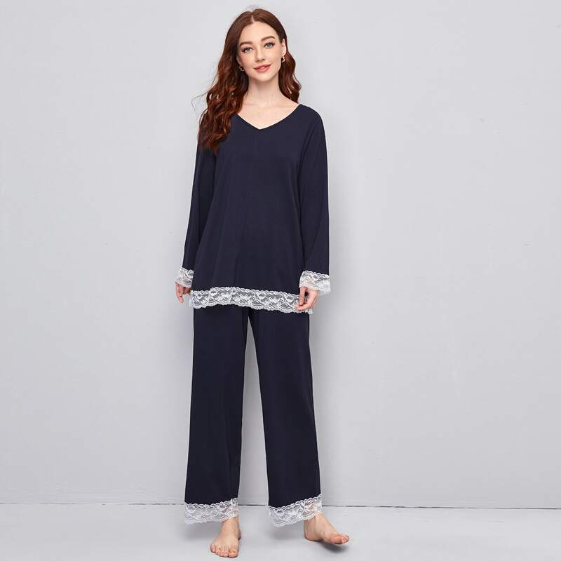 

V-neck Contrast Lace Detail Top & Pants PJ Set, Navy blue