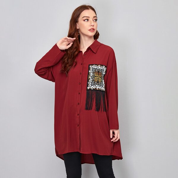 

Fringe Trim Patch Print Dip Hem Blouse, Burgundy
