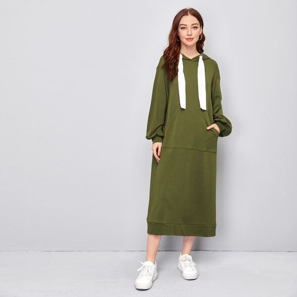 

Drop Shoulder Pocket Front Grommet Detail Drawstring Hoodie Dress, Olive green