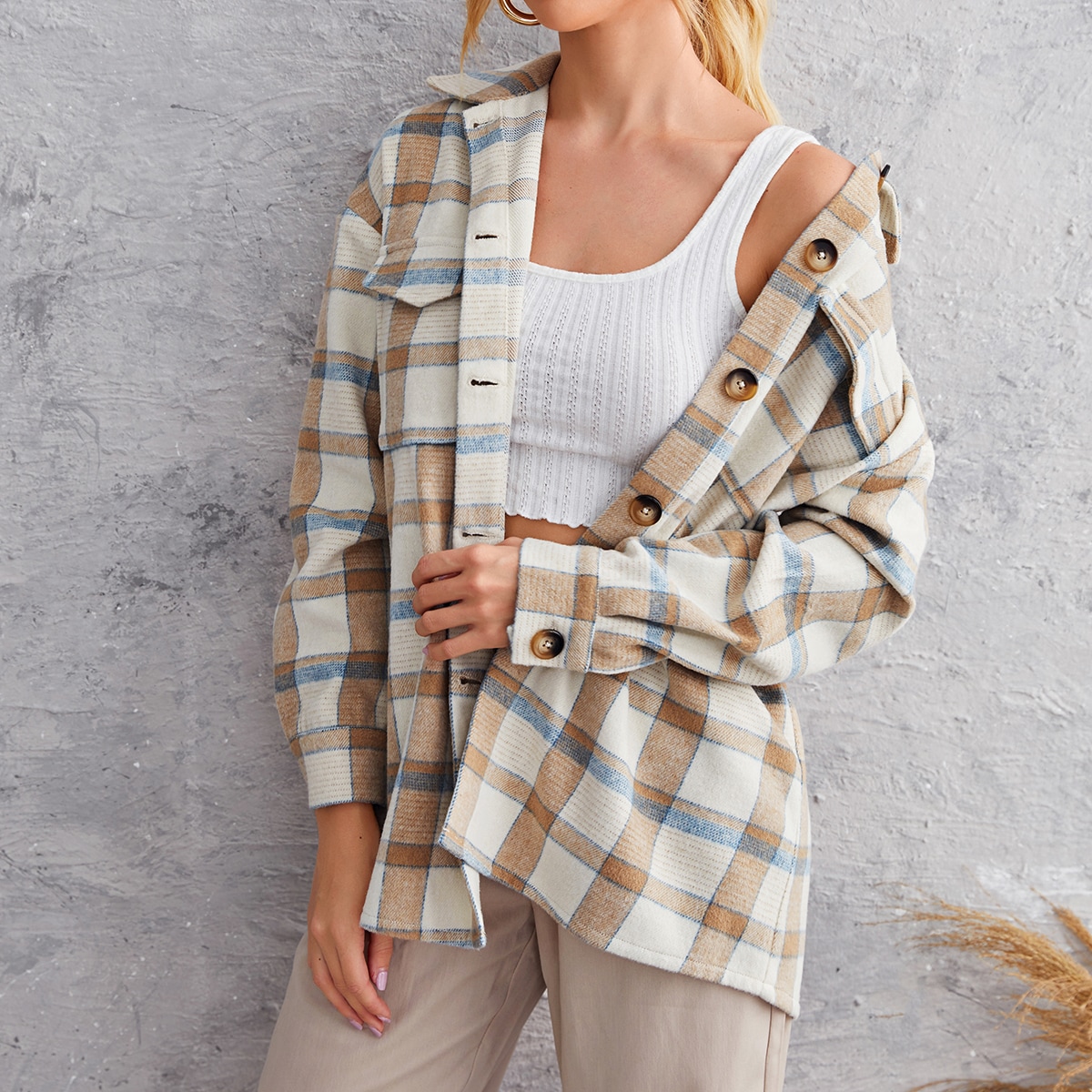 Image of Flap Pocket Front Plaid Overcoat