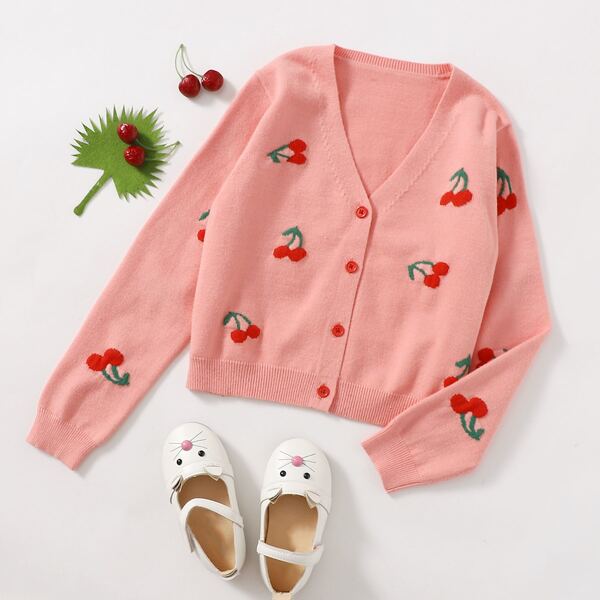 

Girls Cherry Pattern Button Placket Cardigan, Coral pink