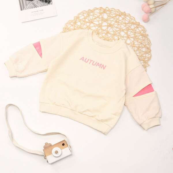 

Toddler Girls Letter Graphic Round Neck Sweatshirt, Beige