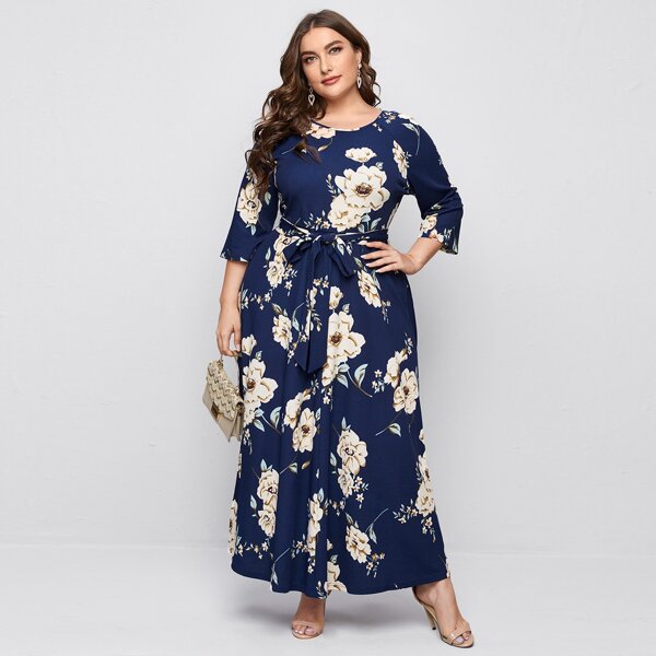 

Plus Floral Print Self Belted Dress, Navy blue