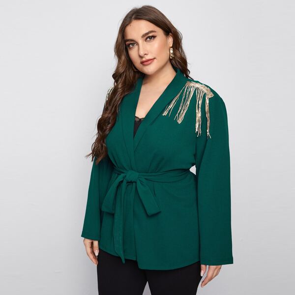 

Plus Shawl Collar Sequin Fringe Trim Self Belted Blazer, Dark green