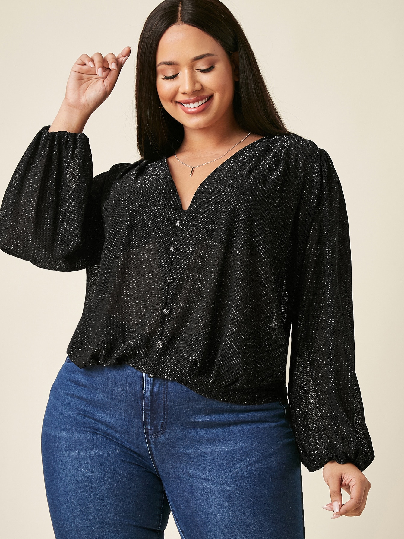 Plus Bishop Sleeve Glitter Blouse thumbnail