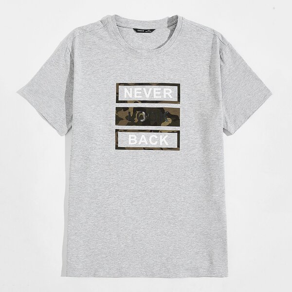 

Men Slogan & Camo Print Tee, Grey
