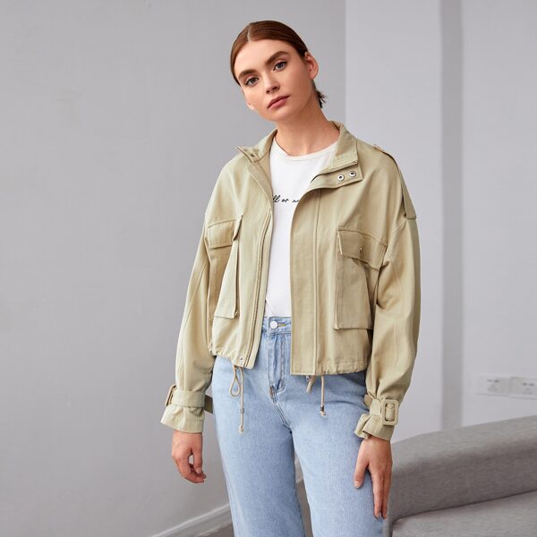 

Drop Shoulder Drawstring Hem Flap Pocket Jacket, Khaki