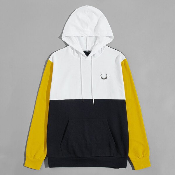 

Men Antlers Embroidery Colorblock Hoodie, Black