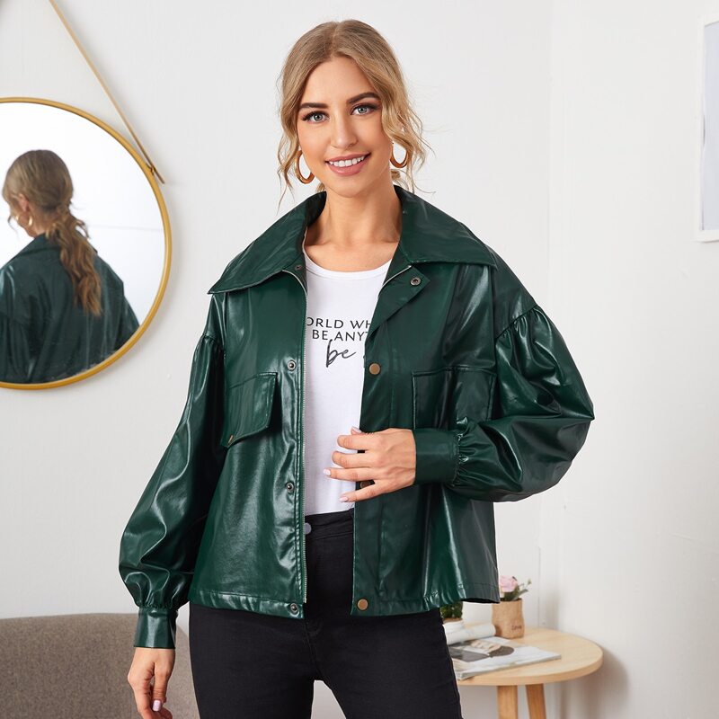 

Bishop Sleeve PU Leather Jacket, Dark green