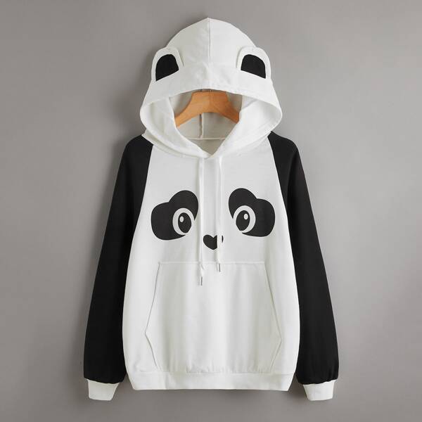

3D Ears Design Cartoon Graphic Drawstring Hoodie, Black and white