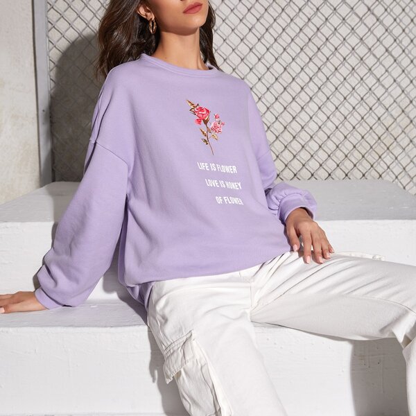 

Slogan & Floral Print Pullover, Lilac purple