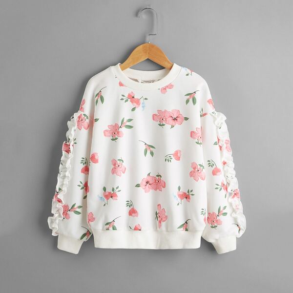 

Girls Frill Detail Floral Pullover, White