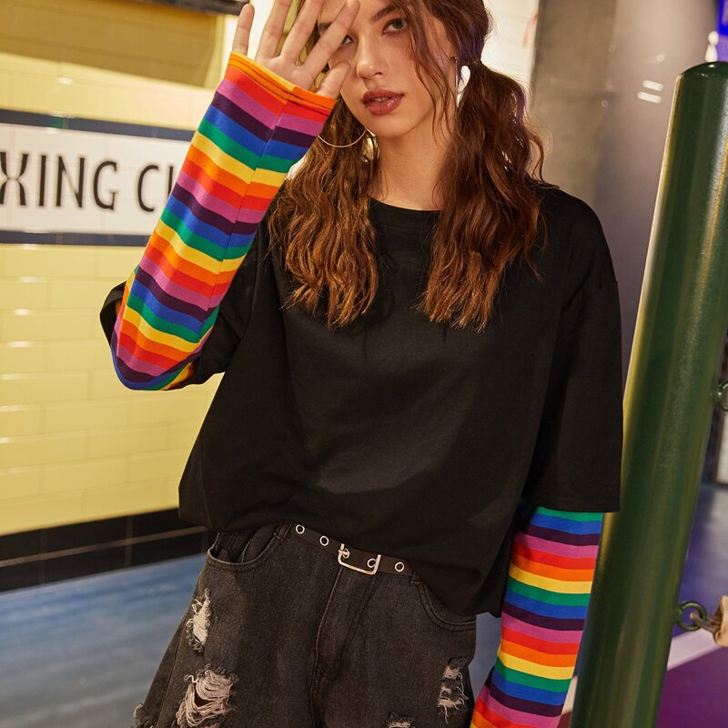 

Rainbow Striped 2 In 1 Tee, Black