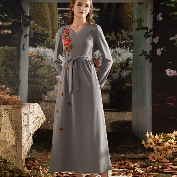 

V-neck Floral Embroidery Belted Dress, Dark grey